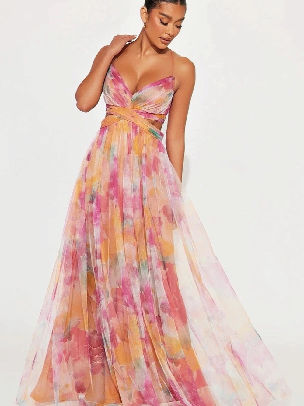 NWT Fashion Nova Painting Me Pretty Chiffon Gown Abstract Maxi Dress Pink & Oran